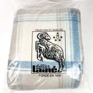 Belier Laine Gray Blue Checkered Fleece Throw Blanket Satin Border